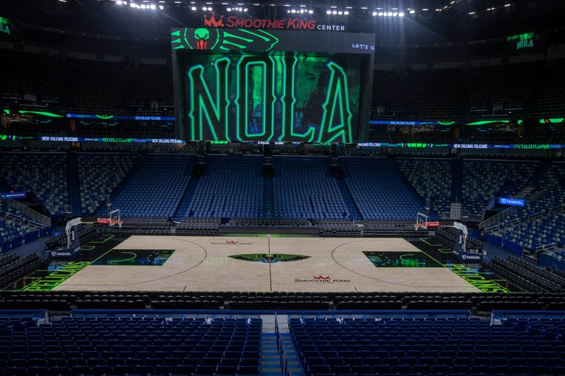 NEW ORLEANS, LA - JANUARY 19: An overall view of the New Orleans Pelicans City Edition Court before the game against the Phoenix Suns in New Orleans, Louisiana at Smoothie King Center on January 19, 2024. NOTE TO USER: User expressly acknowledges and agrees that, by downloading and or using this Photograph, user is consenting to the terms and conditions of the Getty Images License Agreement. Mandatory Copyright Notice: Copyright 2023 NBAE (Photo by Layne Murdoch Jr./NBAE via Getty Images)