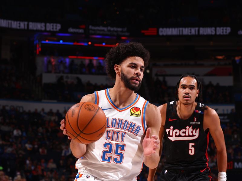 OKLAHOMA CITY, OK - NOVEMBER 20: Ajay Mitchell #25 of the Oklahoma City Thunder handles the ball during the game against the Portland Trail Blazers on November 20, 2024 at Paycom Center in Oklahoma City, Oklahoma. NOTE TO USER: User expressly acknowledges and agrees that, by downloading and or using this photograph, User is consenting to the terms and conditions of the Getty Images License Agreement. Mandatory Copyright Notice: Copyright 2024 NBAE (Photo by Zach Beeker/NBAE via Getty Images)