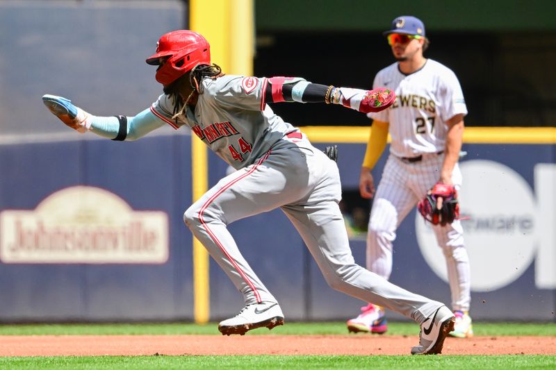 Aug 11, 2024; Milwaukee, Wisconsin, USA; Cincinnati Reds shortstop Elly De La Cruz (44) tries to steal third base in the first inning against the Milwaukee Brewers at American Family Field. Mandatory Credit: Benny Sieu-USA TODAY Sports