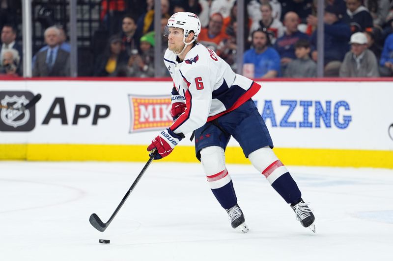 Mar 11, 2026; Philadelphia, Pennsylvania, USA; Washington Capitals defenseman Jakob Chychrun (6) controls the puck against the Philadelphia Flyers in the second period at Xfinity Mobile Arena. Mandatory Credit: Kyle Ross-Imagn Images