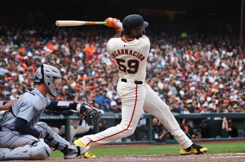 Aug 11, 2024; San Francisco, California, USA; San Francisco Giants designated hitter Jerar Encarnacion (59) hits an RBI double against the Detroit Tigers during the sixth inning at Oracle Park. Mandatory Credit: Kelley L Cox-USA TODAY Sports