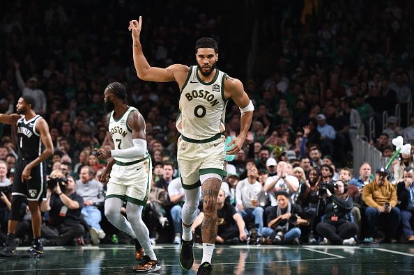 BOSTON, MA - NOVEMBER 10: Jayson Tatum #0 of the Boston Celtics celebrates a three point basket during the In-Season Tournament on November 10, 2023 at the TD Garden in Boston, Massachusetts. NOTE TO USER: User expressly acknowledges and agrees that, by downloading and or using this photograph, User is consenting to the terms and conditions of the Getty Images License Agreement. Mandatory Copyright Notice: Copyright 2023 NBAE  (Photo by Brian Babineau/NBAE via Getty Images)