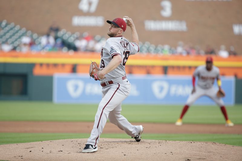 Jun 9, 2023; Detroit, Michigan, USA; Arizona Diamondbacks starting pitcher Merrill Kelly (29) pitches during the second inning of the game against the Detroit Tigers at Comerica Park. Mandatory Credit: Brian Bradshaw Sevald-USA TODAY Sports