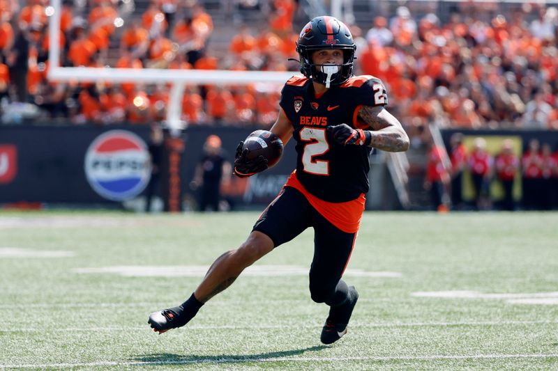 Sep 16, 2023; Corvallis, Oregon, USA; Oregon State Beavers wide receiver Anthony Gould (2) runs after a catch against during the first half against the San Diego State Aztecs at Reser Stadium. Mandatory Credit: Soobum Im-USA TODAY Sports