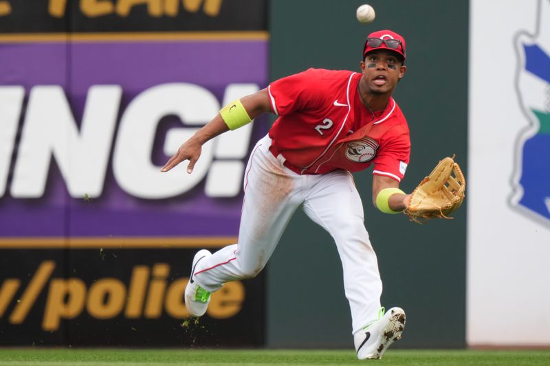 Feb 26, 2024; Goodyear, AZ, USA; Cincinnati Reds right fielder Jose Barrero (2) catches a fly ball in the third inning during a MLB spring training baseball game against the Seattle Mariners, Monday, Feb. 26, 2024, at Goodyear Ballpark in Goodyear, Ariz. Mandatory Credit: Kareem Elgazzar-USA TODAY Sports