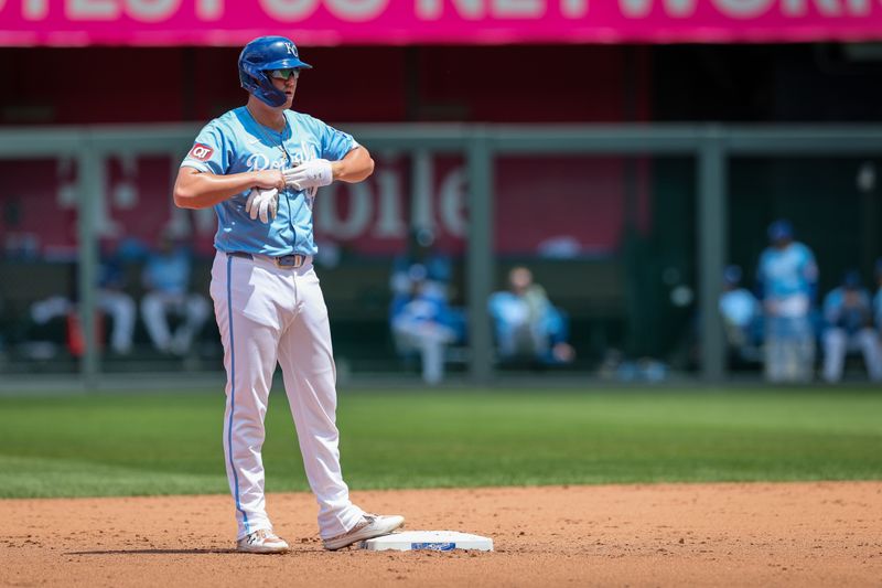 Jun 26, 2024; Kansas City, Missouri, USA; Kansas City Royals first base Vinnie Pasquantino (9) stands at second base after hitting a double against the Miami Marlins during the sixth inning at Kauffman Stadium. Mandatory Credit: William Purnell-USA TODAY Sports
