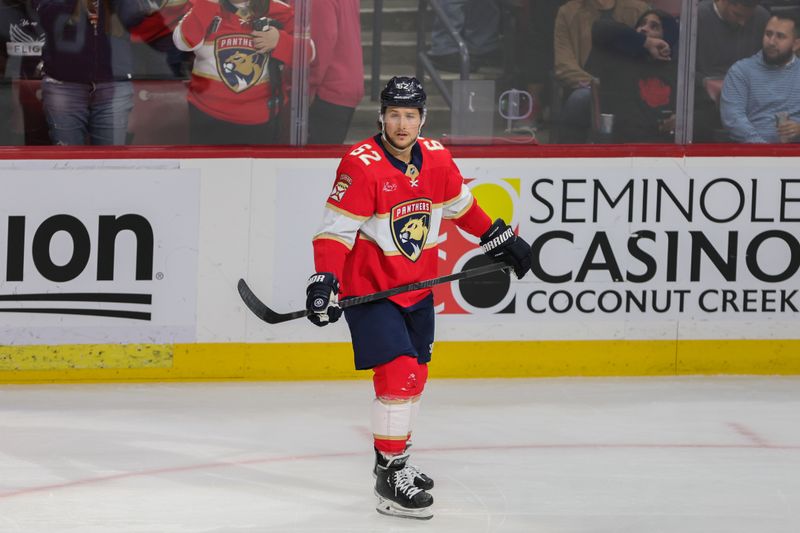 Feb 27, 2024; Sunrise, Florida, USA; Florida Panthers defenseman Brandon Montour (62) looks on after scoring against the Buffalo Sabres during the third period at Amerant Bank Arena. Mandatory Credit: Sam Navarro-USA TODAY Sports