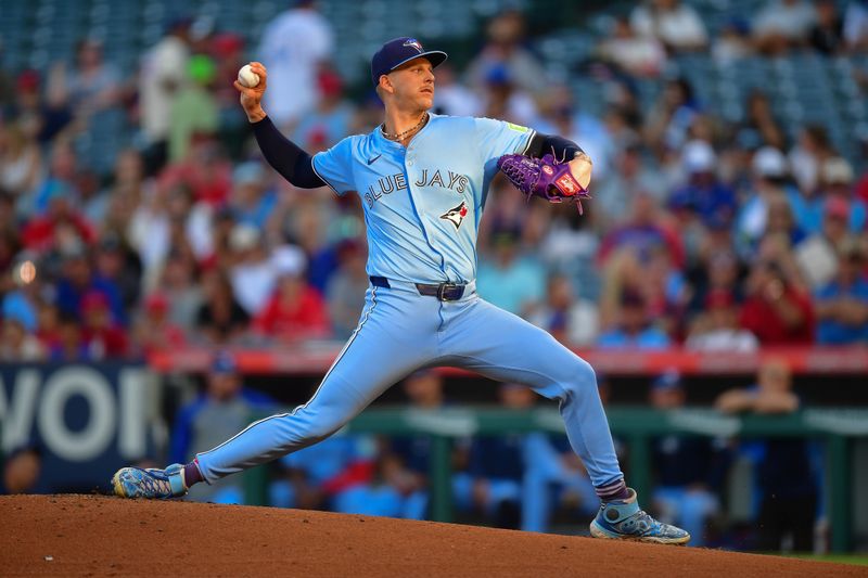 Aug 12, 2024; Anaheim, California, USA; Toronto Blue Jays pitcher Bowden Francis (44) throws against the Los Angeles Angels during the first inning at Angel Stadium. Mandatory Credit: Gary A. Vasquez-USA TODAY Sports