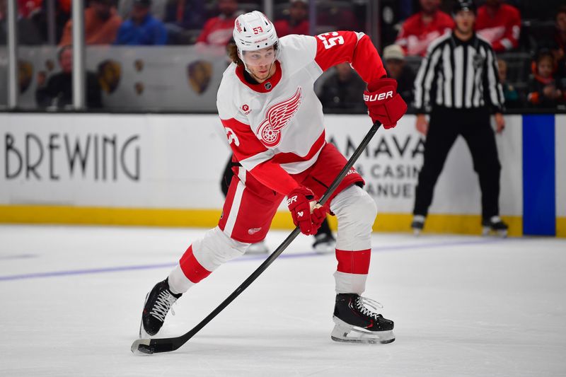 Nov 15, 2024; Anaheim, California, USA; Detroit Red Wings defenseman Moritz Seider (53) shoots on goal against the Anaheim Ducks during the third period at Honda Center. Mandatory Credit: Gary A. Vasquez-Imagn Images