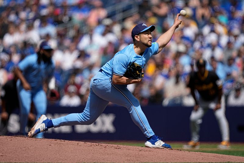 Jun 1, 2024; Toronto, Ontario, CAN; Toronto Blue Jays starting pitcher Yusei Kikuchi (16) against the Pittsburgh Pirates during the first inning at Rogers Centre. Mandatory Credit: John E. Sokolowski-USA TODAY Sports