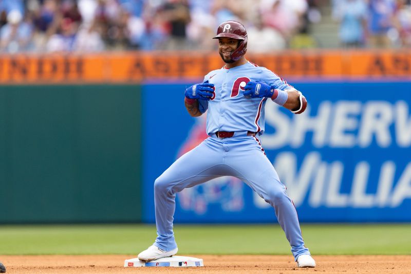 May 23, 2024; Philadelphia, Pennsylvania, USA; Philadelphia Phillies shortstop Edmundo Sosa (33) reacts after hitting a double during the fourth inning against the Texas Rangers at Citizens Bank Park. Mandatory Credit: Bill Streicher-USA TODAY Sports