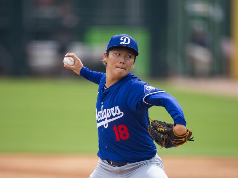 Mar 6, 2024; Phoenix, Arizona, USA; Los Angeles Dodgers pitcher Yoshinobu Yamamoto against the Chicago White Sox during a spring training baseball game at Camelback Ranch-Glendale. Mandatory Credit: Mark J. Rebilas-USA TODAY Sports