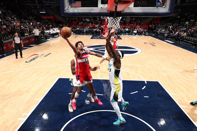 WASHINGTON, DC -? FEBRUARY 12: Jordan Poole #13 of the Washington Wizards drives to the basket during the game against the Indiana Pacers on February 12, 2025 at Capital One Arena in Washington, DC. NOTE TO USER: User expressly acknowledges and agrees that, by downloading and or using this Photograph, user is consenting to the terms and conditions of the Getty Images License Agreement. Mandatory Copyright Notice: Copyright 2025 NBAE (Photo by Kenny Giarla/NBAE via Getty Images)