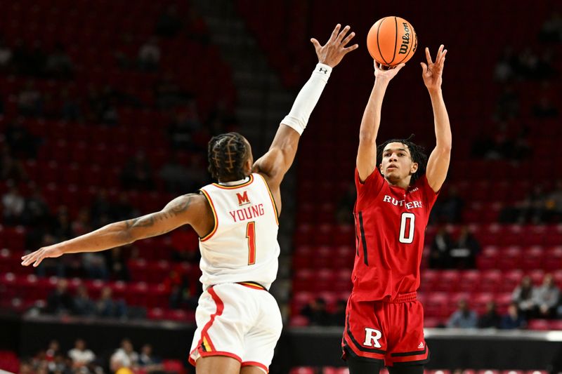 Feb 6, 2024; College Park, Maryland, USA; Rutgers Scarlet Knights guard Derek Simpson (0) shoots over Maryland Terrapins guard Jahmir Young (1) during the first half  at Xfinity Center. Mandatory Credit: Tommy Gilligan-USA TODAY Sports