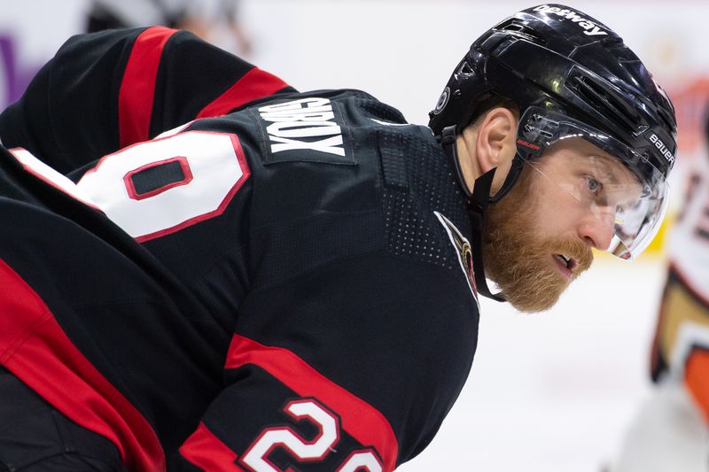 Feb 15, 2024; Ottawa, Ontario, CAN; Ottawa Senators right wing Claude Giroux (28) lines up for a faceoff in the second period against the Anaheim Ducks at the Canadian Tire Centre. Mandatory Credit: Marc DesRosiers-USA TODAY Sports