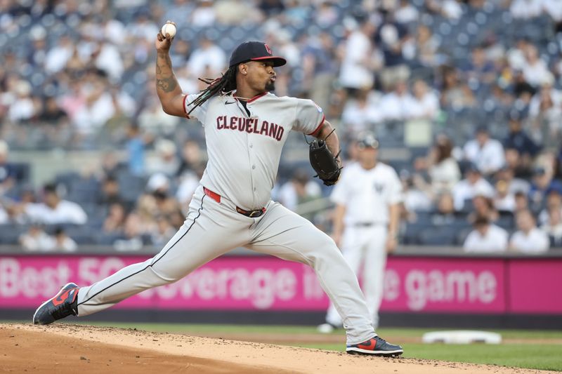 Jun 4, 2025; Bronx, New York, USA;  Cleveland Guardians starting pitcher Luis L. Ortiz (45) pitches in the first inning against the New York Yankees at Yankee Stadium. Mandatory Credit: Wendell Cruz-Imagn Images