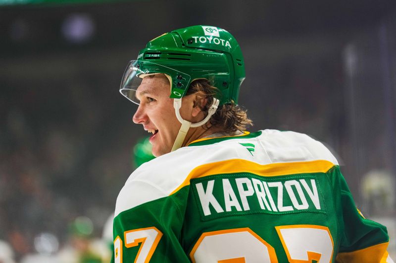 Nov 3, 2024; Saint Paul, Minnesota, USA; Minnesota Wild left wing Kirill Kaprizov (97) looks on during the first period against the Toronto Maple Leafs at Xcel Energy Center. Mandatory Credit: Brace Hemmelgarn-Imagn Images