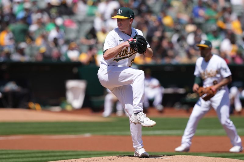 Apr 16, 2023; Oakland, California, USA; Oakland Athletics starting pitcher JP Sears (38) throws a pitch during the first inning against the New York Mets at RingCentral Coliseum. Mandatory Credit: Darren Yamashita-USA TODAY Sports