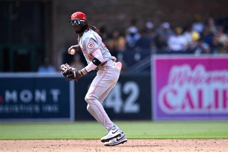 May 1, 2024; San Diego, California, USA; Cincinnati Reds shortstop Elly De La Cruz (44) throws to first base on a ground out by San Diego Padres shortstop Ha-Seong Kim (not pictured) during the sixth inning at Petco Park. Mandatory Credit: Orlando Ramirez-USA TODAY Sports