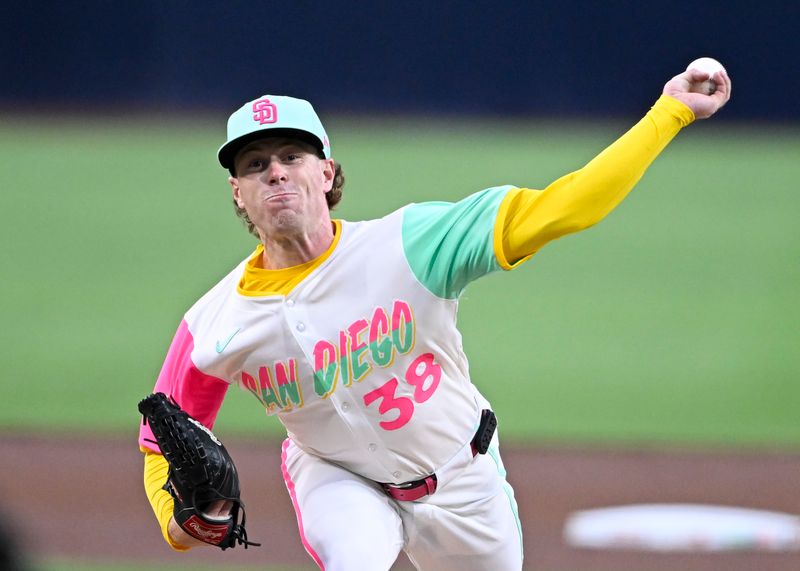 Sep 12, 2025; San Diego, California, USA; San Diego Padres starting pitcher JP Sears (38) delivers during the first inning against the Colorado Rockies at Petco Park. Mandatory Credit: Denis Poroy-Imagn Images