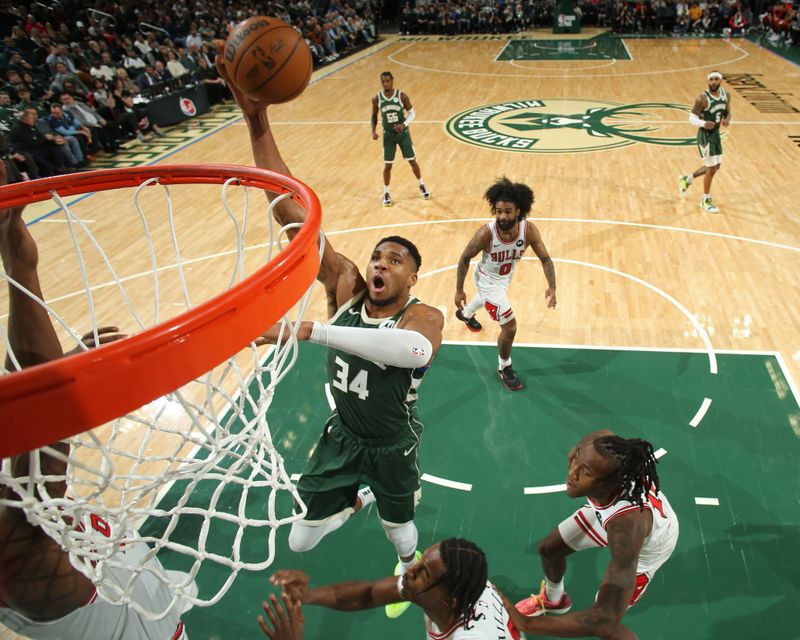 MILWAUKEE, WI - NOVEMBER 20: Giannis Antetokounmpo #34 of the Milwaukee Bucks drives to the basket during the game against the Chicago Bulls on November 20, 2024 at the Fiserv Forum Center in Milwaukee, Wisconsin. NOTE TO USER: User expressly acknowledges and agrees that, by downloading and or using this Photograph, user is consenting to the terms and conditions of the Getty Images License Agreement. Mandatory Copyright Notice: Copyright 2024 NBAE (Photo by Gary Dineen/NBAE via Getty Images).