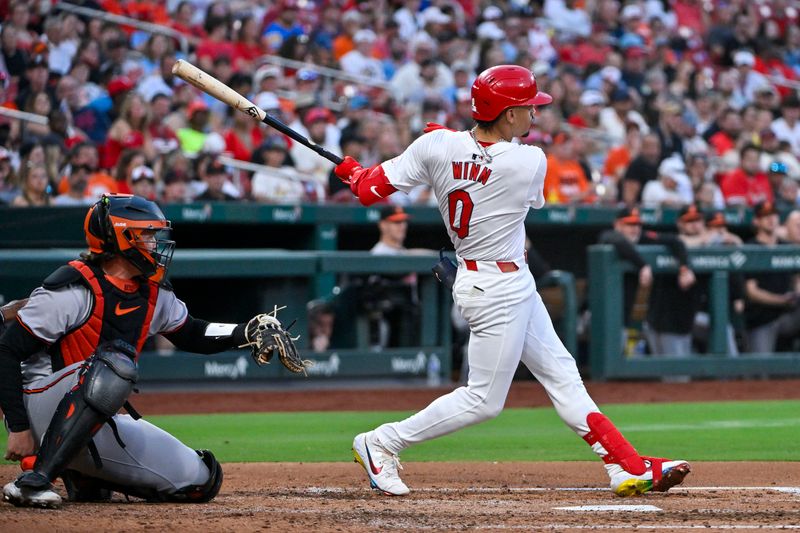 May 20, 2024; St. Louis, Missouri, USA;  St. Louis Cardinals shortstop Masyn Winn (0) hits a one run double against the Baltimore Orioles during the fourth inning at Busch Stadium. Mandatory Credit: Jeff Curry-USA TODAY Sports