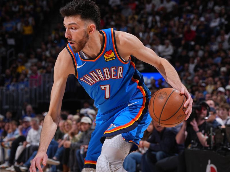DENVER, CO - MAY 15:  Chet Holmgren #7 of the Oklahoma City Thunder dribbles the ball during the game against the Denver Nuggets  during Round 2 Game 6 of the 2025 NBA Playoffs  on May 15, 2025 at Ball Arena in Denver, Colorado. NOTE TO USER: User expressly acknowledges and agrees that, by downloading and/or using this Photograph, user is consenting to the terms and conditions of the Getty Images License Agreement. Mandatory Copyright Notice: Copyright 2025 NBAE (Photo by Garrett Ellwood/NBAE via Getty Images)