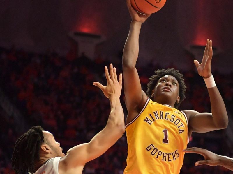 Feb 20, 2023; Champaign, Illinois, USA;  Minnesota Golden Gophers forward Joshua Ola-Joseph (1) moves to the basket during the second half against the Illinois Fighting Illini at State Farm Center. Mandatory Credit: Ron Johnson-USA TODAY Sports