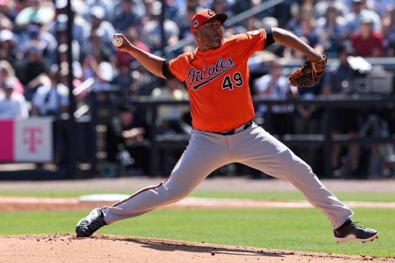Mar 11, 2025; Tampa, Florida, USA; Baltimore Orioles pitcher Albert Suarez (49) throws a pitch against the New York Yankees in the first inning during spring training at George M. Steinbrenner Field. Mandatory Credit: Nathan Ray Seebeck-Imagn Images