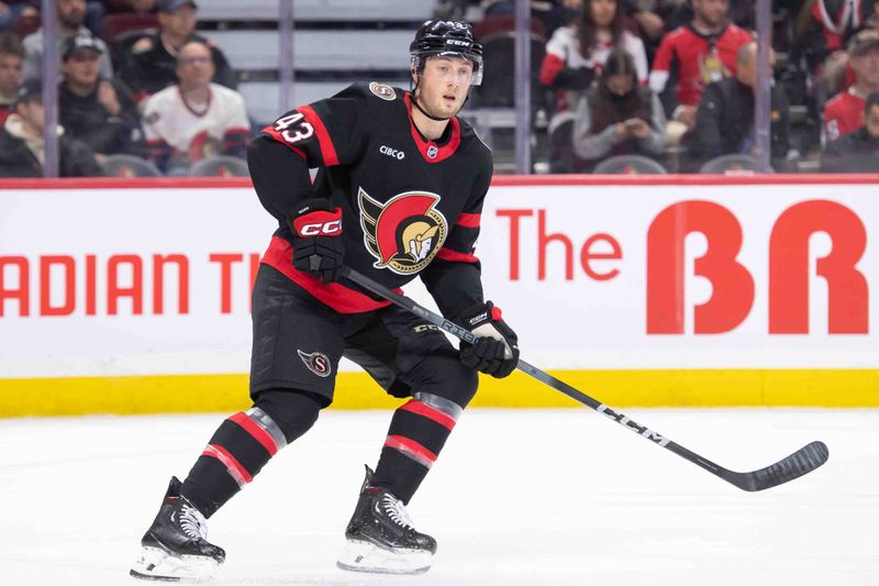 Oct 19, 2024; Ottawa, Ontario, CAN; Ottawa Senators defenseman Tyler Kleven (43) skates in the third period against the Tampa Bay Lightning at the Canadian Tire Centre. Mandatory Credit: Marc DesRosiers-Imagn Images