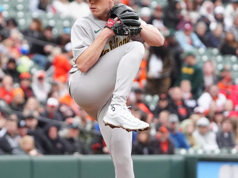 Apr 27, 2024; Baltimore, Maryland, USA; Oakland Athletics pitcher JP Sears (38) delivers a pitch against the Baltimore Orioles during the first inning at Oriole Park at Camden Yards. Mandatory Credit: Gregory Fisher-USA TODAY Sports