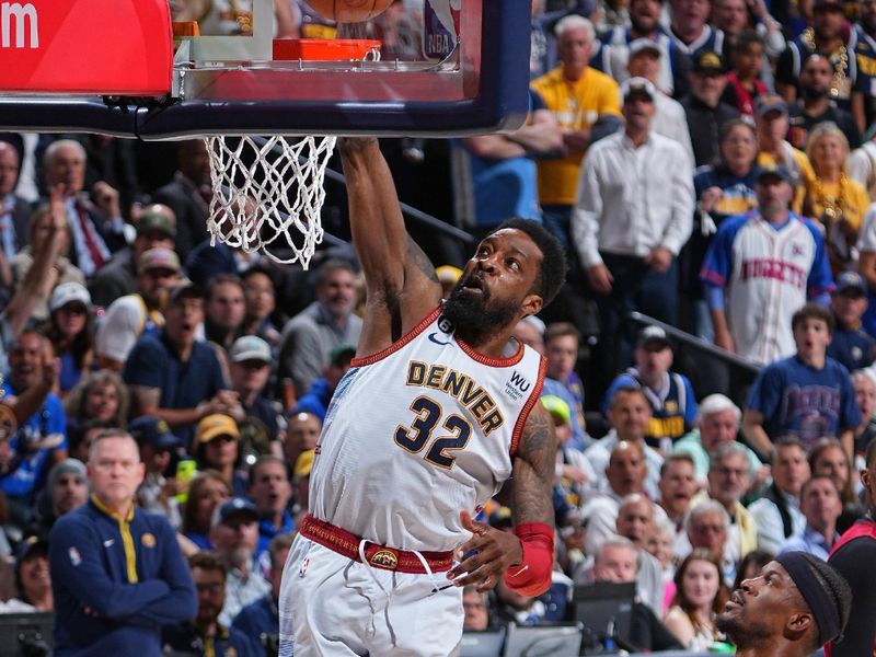 DENVER, CO - JUNE 12: Jeff Green #32 of the Denver Nuggets dunks the ball against the Miami Heat during Game Five of the 2023 NBA Finals on June 12, 2023 at Ball Arena in Denver, Colorado. NOTE TO USER: User expressly acknowledges and agrees that, by downloading and or using this Photograph, user is consenting to the terms and conditions of the Getty Images License Agreement. Mandatory Copyright Notice: Copyright 2023 NBAE (Photo by Garrett Ellwood/NBAE via Getty Images)