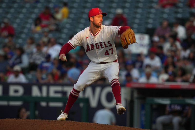 Jul 10, 2024; Anaheim, California, USA; Los Angeles Angels starting pitcher Griffin Canning (47) throws in the third inning against the Texas Rangers at Angel Stadium. Mandatory Credit: Kirby Lee-USA TODAY Sports