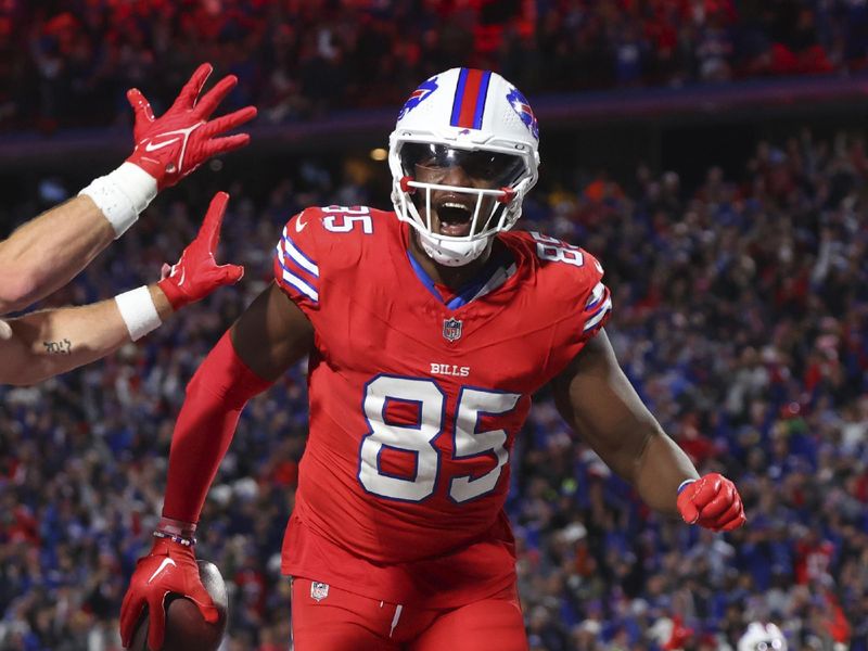Buffalo Bills tight end Quintin Morris (85) celebrates his touchdown during the second half of an NFL football game against the New York Giants in Orchard Park, N.Y., Sunday Oct. 15, 2023. (AP Photo/ Jeffrey T. Barnes)