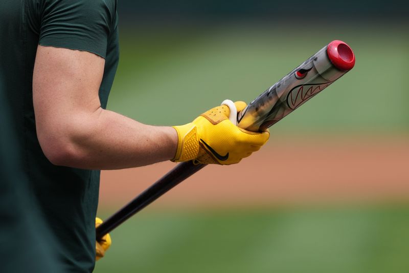 Aug 17, 2024; Oakland, California, USA; Oakland Athletics second baseman Zack Gelof (20) holds his bat before the game against the San Francisco Giants at Oakland-Alameda County Coliseum. Mandatory Credit: Darren Yamashita-USA TODAY Sports