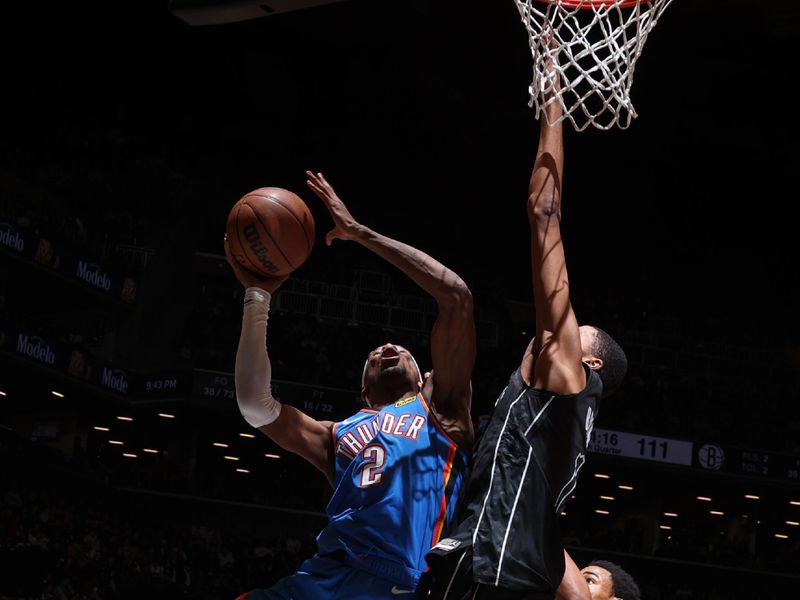 BROOKLYN, NY - JANUARY 5: Shai Gilgeous-Alexander #2 of the Oklahoma City Thunder goes to the basket during the game on January 5, 2024 at Barclays Center in Brooklyn, New York. NOTE TO USER: User expressly acknowledges and agrees that, by downloading and or using this Photograph, user is consenting to the terms and conditions of the Getty Images License Agreement. Mandatory Copyright Notice: Copyright 2024 NBAE (Photo by Nathaniel S. Butler/NBAE via Getty Images)