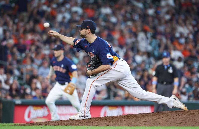 Jun 18, 2023; Houston, Texas, USA; Houston Astros relief pitcher Seth Martinez (61) delivers a pitch during the tenth inning against the Cincinnati Reds at Minute Maid Park. Mandatory Credit: Troy Taormina-USA TODAY Sports