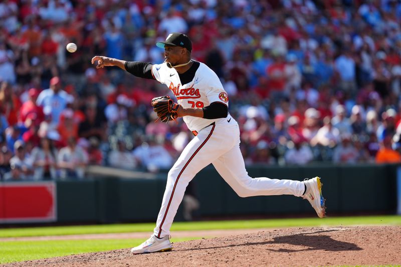 Jun 16, 2024; Baltimore, Maryland, USA;  Baltimore Orioles pitcher Yennier Cano (78) delivers a pitch against the Philadelphia Phillies during the ninth inning at Oriole Park at Camden Yards. Mandatory Credit: Gregory Fisher-USA TODAY Sports