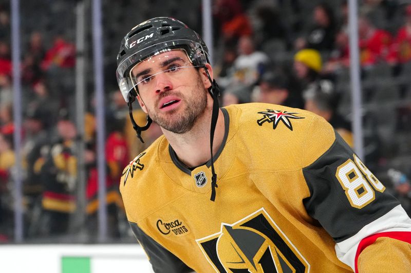 Dec 2, 2025; Las Vegas, Nevada, USA; Vegas Golden Knights defenseman Jaycob Megna (88) warms up before a game against the Chicago Blackhawks at T-Mobile Arena. Mandatory Credit: Stephen R. Sylvanie-Imagn Images