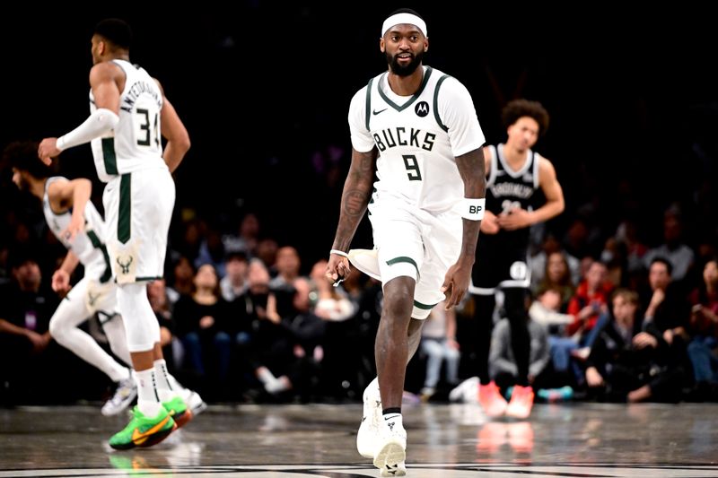 NEW YORK, NEW YORK - DECEMBER 08: Bobby Portis #9 of the Milwaukee Bucks celebrates a basket against the Brooklyn Nets during the second half at Barclays Center on December 08, 2024 in New York City. NOTE TO USER: User expressly acknowledges and agrees that, by downloading and or using this Photograph, user is consenting to the terms and conditions of the Getty Images License Agreement. (Photo by Steven Ryan/Getty Images)