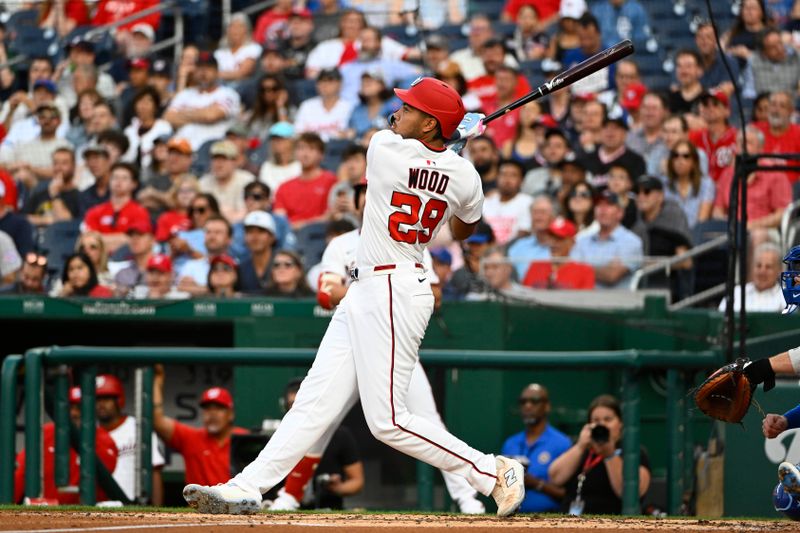Jun 3, 2025; Washington, District of Columbia, USA; Washington Nationals left fielder James Wood (29) hits a RBI sacrifice fly against the Chicago Cubs during the third inning at Nationals Park. Mandatory Credit: Brad Mills-Imagn Images