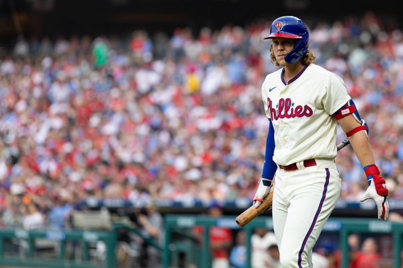 Aug 23, 2023; Philadelphia, Pennsylvania, USA; Philadelphia Phillies first baseman Alec Bohm (28) prepares to bat during the fifth inning against the San Francisco Giants at Citizens Bank Park. Mandatory Credit: Bill Streicher-USA TODAY Sports