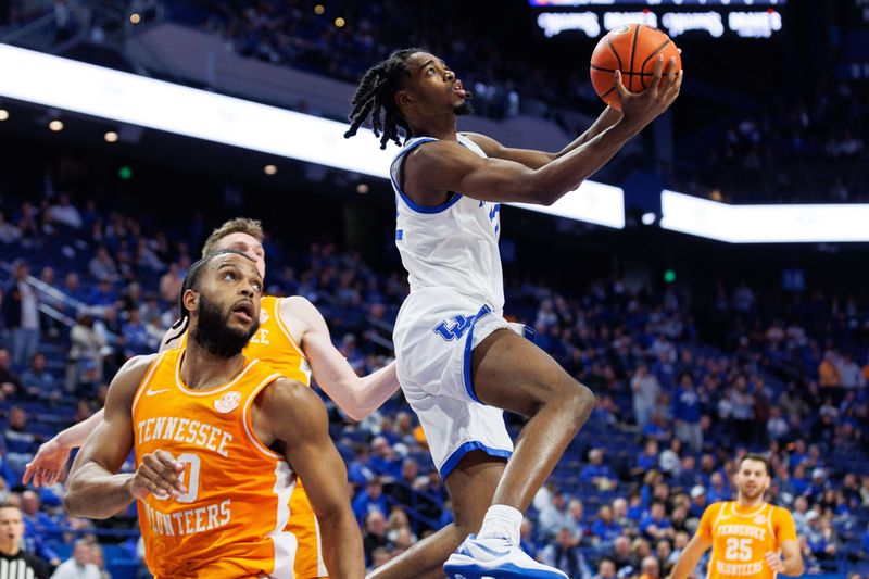 Feb 3, 2024; Lexington, Kentucky, USA; Kentucky Wildcats guard Antonio Reeves (12) goes to the basket during the second half against the Tennessee Volunteers at Rupp Arena at Central Bank Center. Mandatory Credit: Jordan Prather-USA TODAY Sports