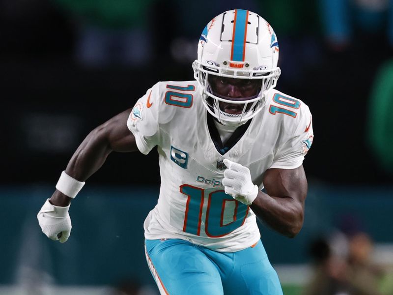 Miami Dolphins wide receiver Tyreek Hill (10) in action against the Philadelphia Eagles during an NFL football game, Sunday, Oct. 22, 2023, in Philadelphia. The Eagles defeated the Dolphins 31-17. (AP Photo/Rich Schultz)