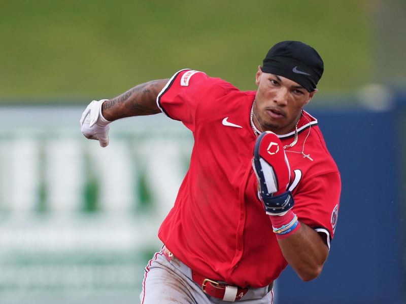 Mar 2, 2026; West Palm Beach, Florida, USA;  Washington Nationals outfielder Daylen Lile (4) advances from first to third base on a hit by Keibert Ruiz in the second inning against the Houston Astros at CACTI Park of the Palm Beaches. Mandatory Credit: Jim Rassol-Imagn Images