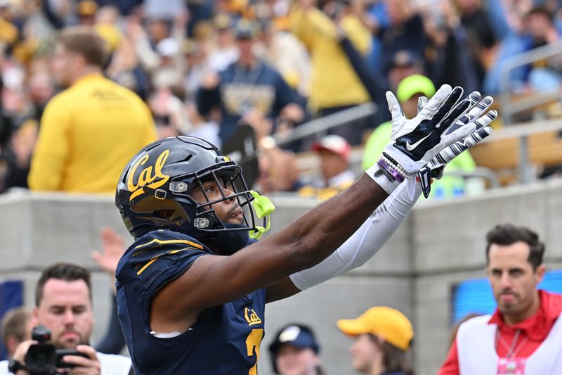 Sep 30, 2023; Berkeley, California, USA; California Golden Bears wide receiver Jeremiah Hunter (3) celebrates after scoring a touchdown against the Arizona State Sun Devils during the third quarter at California Memorial Stadium. Mandatory Credit: Robert Edwards-USA TODAY Sports