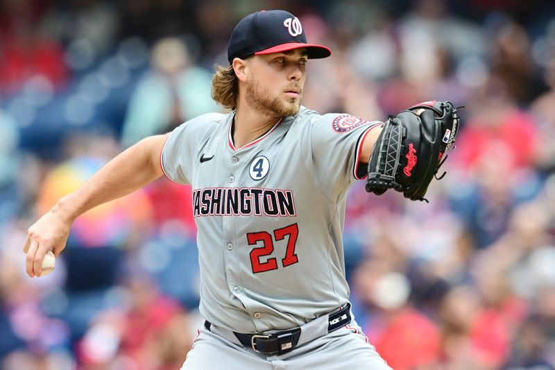 Jun 2, 2024; Cleveland, Ohio, USA; Washington Nationals starting pitcher Jake Irvin (27) throws a pitch during the first inning against the Cleveland Guardians at Progressive Field. Mandatory Credit: Ken Blaze-USA TODAY Sports