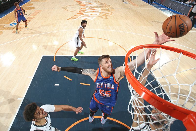 NEW YORK, NY - MARCH 23: Isaiah Hartenstein #55 of the New York Knicks rebounds during the game against the Brooklyn Nets on March 23, 2024 at Madison Square Garden in New York City, New York.  NOTE TO USER: User expressly acknowledges and agrees that, by downloading and or using this photograph, User is consenting to the terms and conditions of the Getty Images License Agreement. Mandatory Copyright Notice: Copyright 2024 NBAE  (Photo by Nathaniel S. Butler/NBAE via Getty Images)