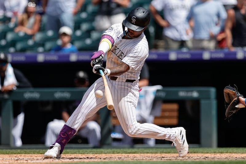 Jun 20, 2024; Denver, Colorado, USA; Colorado Rockies second baseman Adael Amador (1) bats in the seventh inning against the Los Angeles Dodgers at Coors Field. Mandatory Credit: Isaiah J. Downing-USA TODAY Sports