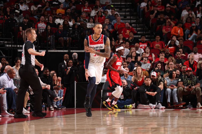 HOUSTON, TX - NOVEMBER 11: Kyle Kuzma #33 of the Washington Wizards celebrates during the game against the Houston Rockets on November 11, 2024 at the Toyota Center in Houston, Texas. NOTE TO USER: User expressly acknowledges and agrees that, by downloading and or using this photograph, User is consenting to the terms and conditions of the Getty Images License Agreement. Mandatory Copyright Notice: Copyright 2024 NBAE (Photo by KeShawn Ennis/NBAE via Getty Images)